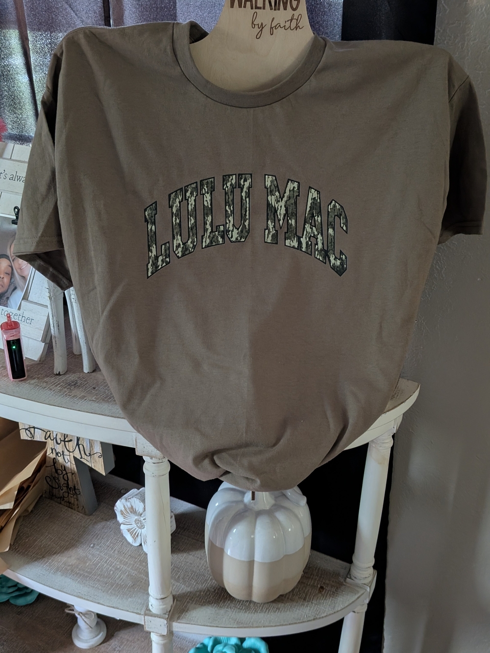 Gildan Women’s Short Sleeve Tee - Brown with Camo Print,"Lulu Mac" Design